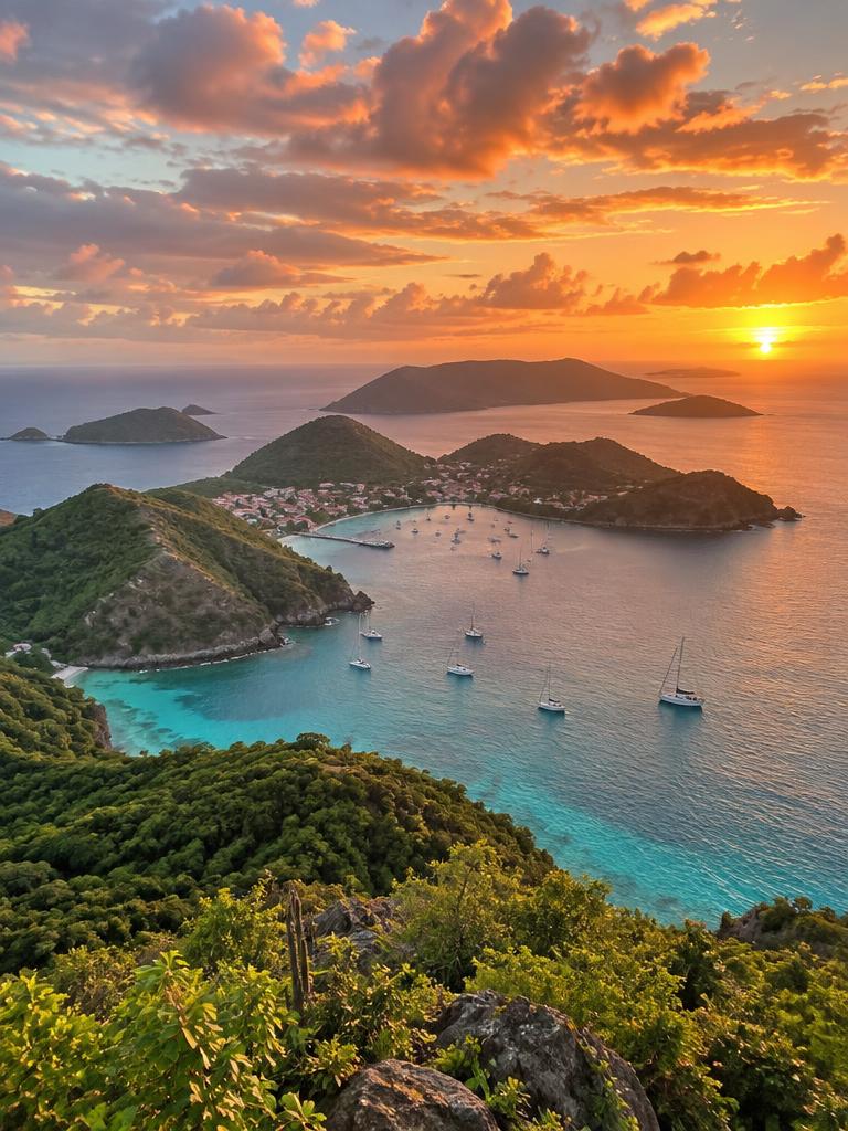 Baie des Saintes vue des hauteurs, voiliers et îlets